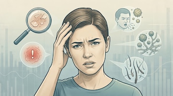 Una persona se toca la cabeza con expresión de malestar, rodeada de iconos que representan descamación de la piel, una señal de advertencia, estornudos, hongos y cabello cayendo.