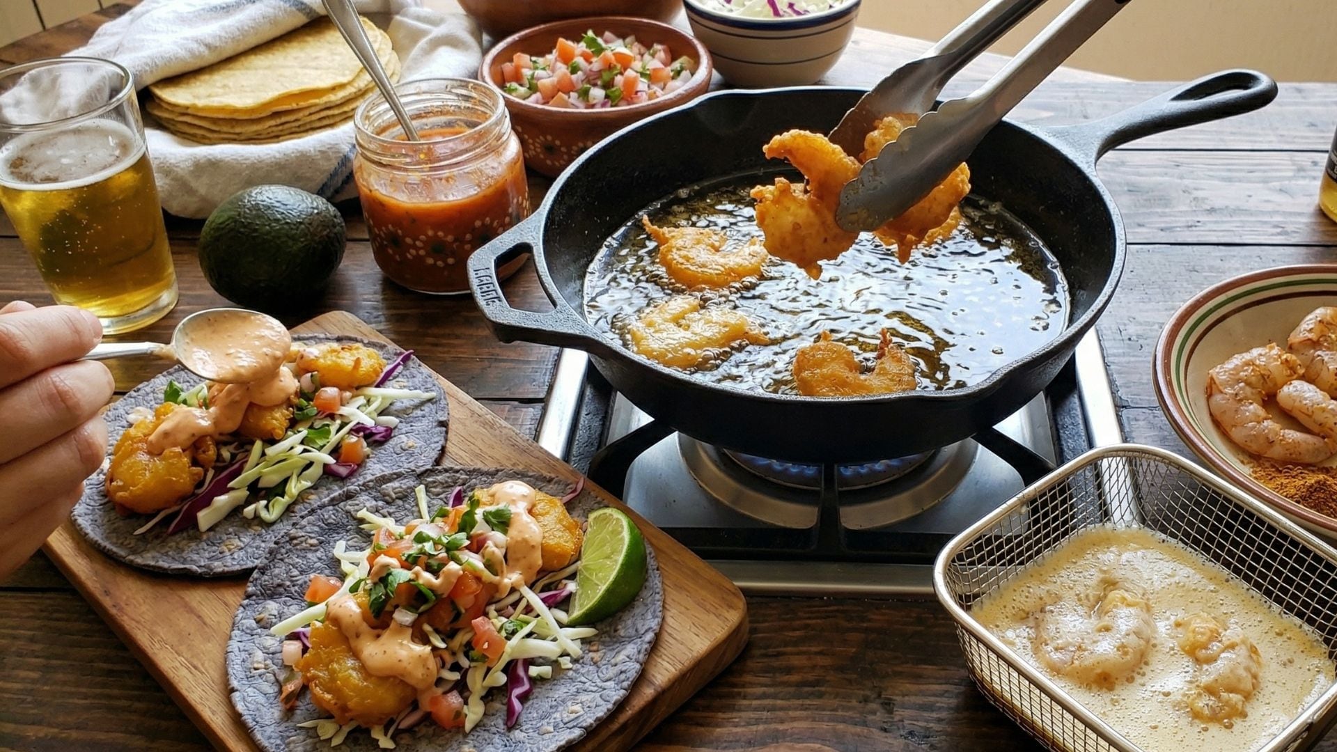Una persona prepara y degusta deliciosos tacos de camarón capeado, con guarniciones frescas y salsas, capturando la esencia de la Cuaresma mexicana. (Gemini)
