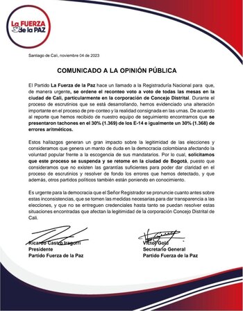 La Fuerza de la Paz pide reconteo de votos en Cali porque argumentan que se dieron cuenta de irregularidades- crédito Captura de Pantalla