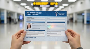 Primer plano de dos manos sosteniendo un formulario de solicitud de visado para la Copa Mundial de la FIFA 2026 en un aeropuerto.