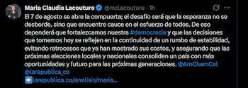María Claudia Lacouture, de Amcham, afirmó que el éxito del nuevo gobierno dependerá del trabajo conjunto, el diálogo y el compromiso entre sectores - crédito @mclacouture/X