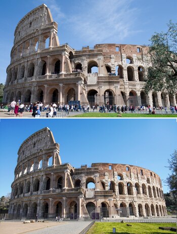 ARCHIVO - En esta imagen combinada, el antiguo Coliseo romano, arriba a las 12:49 del domingo 8 de abril de 2018, y debajo a las 13:00 del miércoles 11 de marzo de 2020. (AP Foto/Virginia Mayo, Andrew Medichini)