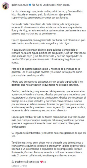 La creadora de contenido Gabriela Muñoz defendió la figura presidencial y aseguró que la historia del mandatario no puede ser borrada, resaltando su impacto político y social - crédito @gabrielaa.muol/Instagram