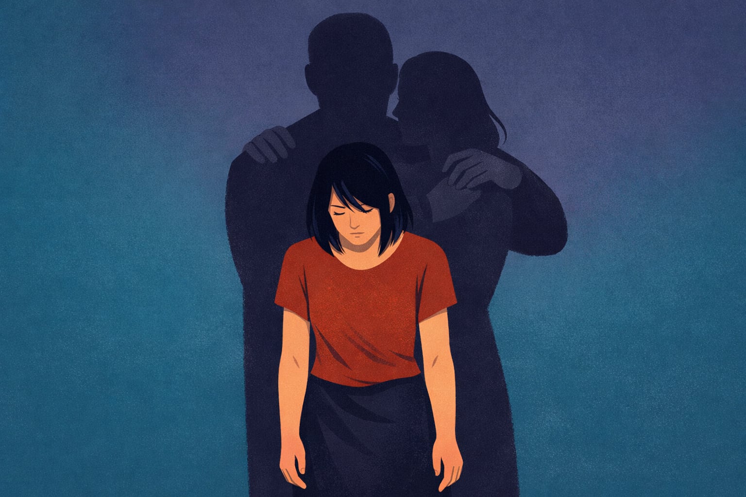 Una mujer cabizbaja permanece de pie mientras la sombra alargada de una figura masculina la abraza por la espalda con un gesto opresivo. (Imagen Ilustrativa Infobae)