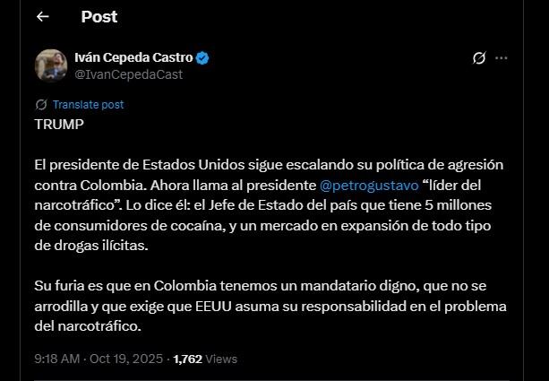 Iván Cepeda cuestionó las recientes declaraciones de Trump - crédito @IvanCepedaCast