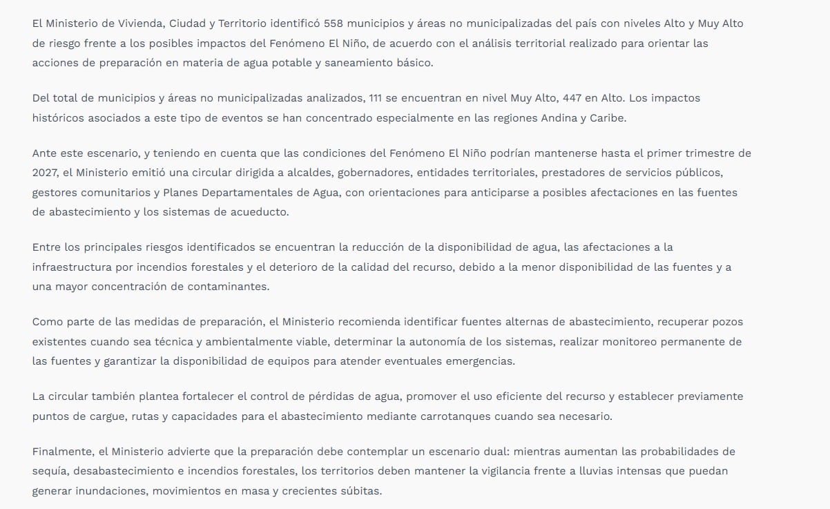 El ministerio de Vivienda advirtió que esos 558 municipios y áreas no municipalizadas enfrentan posibles afectaciones en las fuentes de abastecimiento y en los sistemas de acueducto - crédito Ministerio de Vivienda