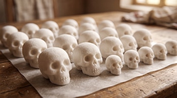 Múltiples figuras blancas de calaveras hechas de azúcar y de varios tamaños reposan sobre un papel encerado en una mesa de madera.