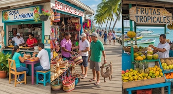 Personas trabajan y compran en una soda, una tienda de recuerdos y un puesto de frutas tropicales en un muelle junto al mar con barcos y palmeras.