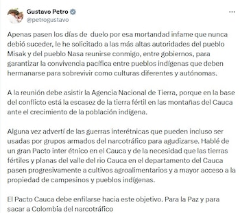 El presidente Gustavo Petro confirmó que pidió una reunión con comunidades indígenas del Cauca después de los problemas de orden público del 21 de mayo, y anunció que esperará a que terminen “los días de duelo por esa mortandad infame que nunca debió suceder” - crédito @petrogustavo/X