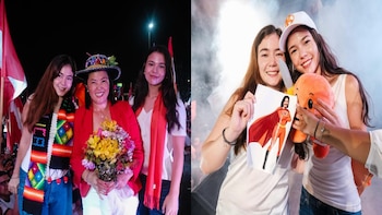 Keiko Fujimori sonríe con dos mujeres jóvenes; una sostiene un dibujo de superheroína y la otra un peluche de pulpo con un cuchillo