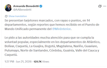 El ministro del Interior, Armando Benedetti, mencionó reportes sobre tarjetones presuntamente marcados en varios departamentos del país - crédito @AABenedetti/X