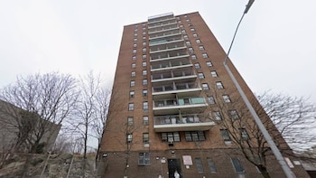 Edificio residencial de ladrillo de gran altura con balcones y ventanas visto desde abajo, con árboles desnudos y un poste de luz bajo un cielo gris
