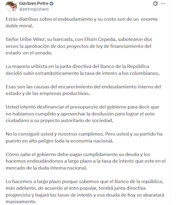 Petro considera que las críticas de Uribe a su Gobierno tienen "doble moral" - crédito @petrogustavo/X