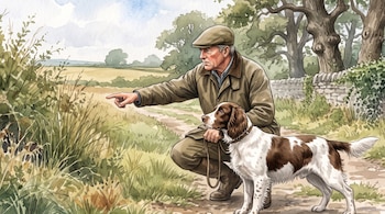 Ilustración de un hombre agachado con gorra que señala hacia la maleza, acompañado por un perro blanco y marrón en un camino de tierra.