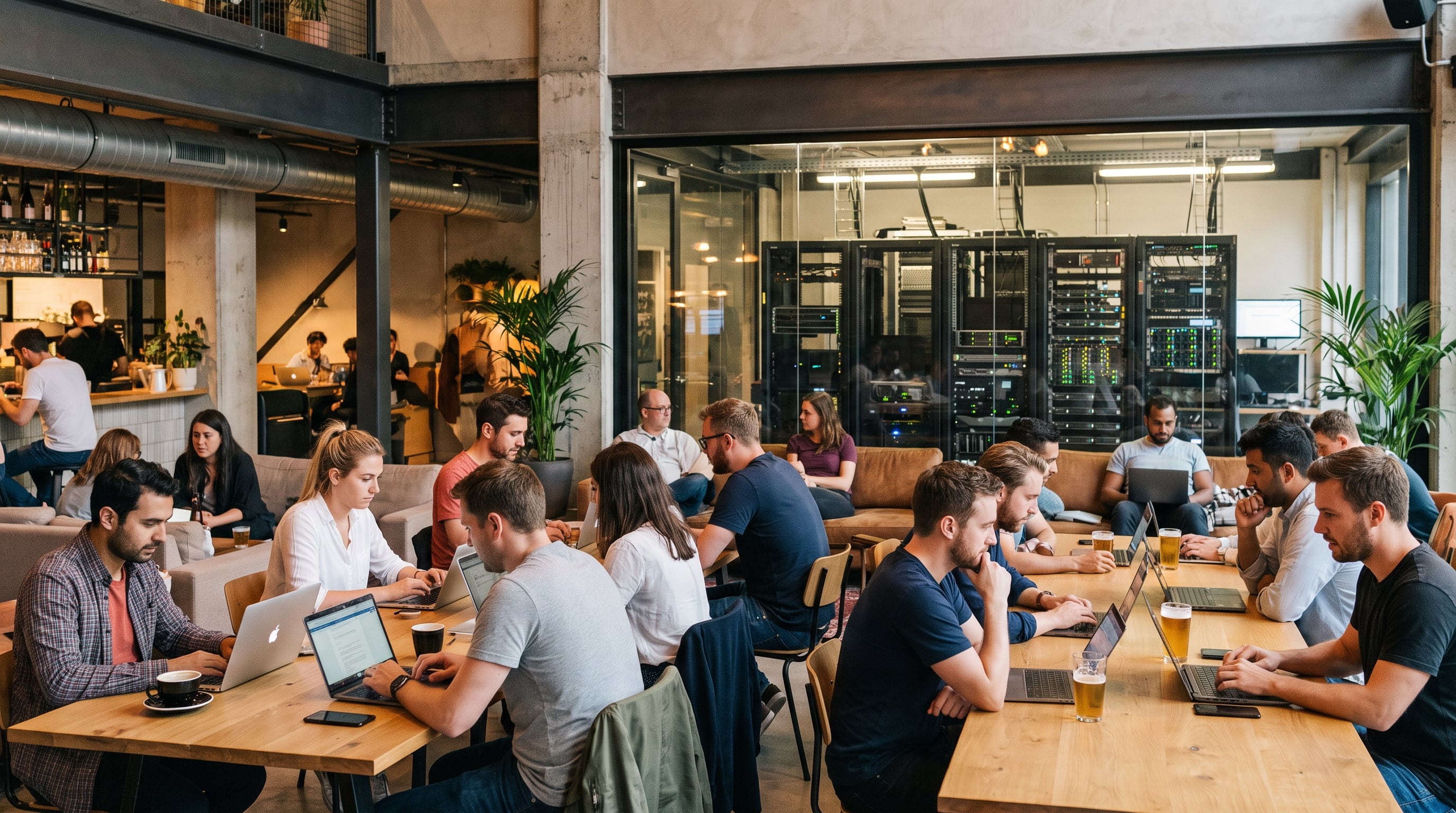 Varias personas utilizan computadoras portátiles en las mesas de un bar moderno que integra una sala de servidores al fondo. (Imagen Ilustrativa Infobae)