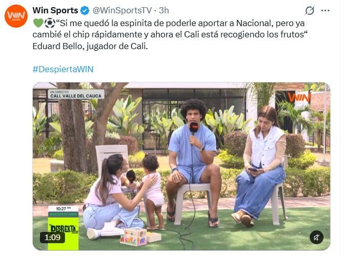 Eduard Bello, jugador del Deportivo Cali, en diálogo con Win Sports sobre su momento actual en el equipo azucarero y la salida de Atlético Nacional - crédito @WinSportsTV/X