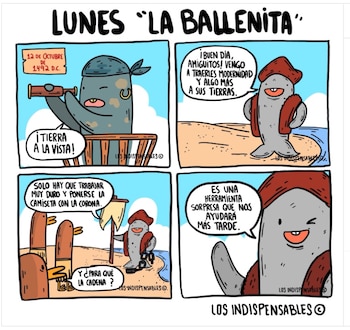Historieta de cuatro cuadros con un animal marino vestido de navegante que desembarca en una playa con una cadena ante tres aves