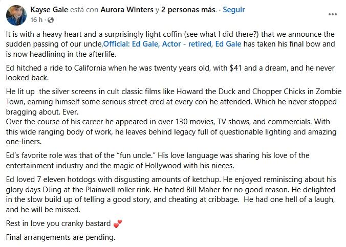 La sobrina del famoso actor compartió la noticia sin especificar la causa de muerte. (Créditos: Facebook / Kayse Gale)