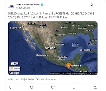 Reportan sismo en Ciudad Hidalgo, Chiapas (X/ @SSNMexico)