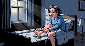 Ilustración de una mujer sentada en la cama por la noche, llorando y sujetándose la pantorrilla con la mano debido a un calambre, con la luna visible por la ventana.