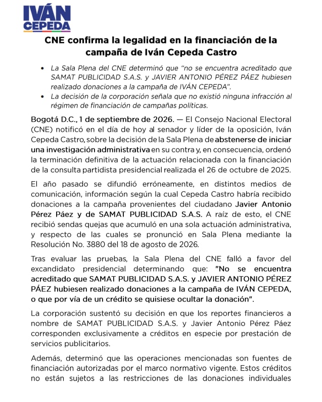 La resolución estableció que los registros a nombre de la empresa y de Pérez Páez obedecían a créditos en especie por servicios publicitarios - crédito prensa Iván Cepeda