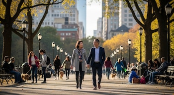 Una pareja asiática de mediana edad camina de la mano en un parque urbano con árboles otoñales y edificios al fondo. Otras personas pasean o se sientan.