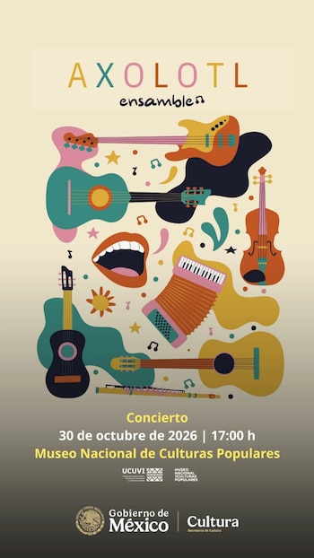 Cartel con ilustraciones de guitarras, bajo, violín, acordeón, flauta y una boca abierta, junto con datos informativos de un concierto