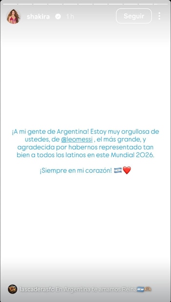 En su publicación la artista demostró su cariño y respeto por el jugador argentino - crédito Shakira / Instagram