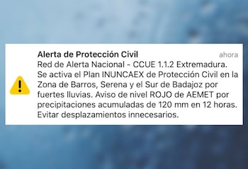 04/10/2026 Mensaje de Es-Alert que la Junta de Extremadura ha remitido este domingo, 4 de octubre de 2026, a las zonas de Barros, Serena y sur de Badajoz a consecuencia de las fuertes lluvias.
SOCIEDAD ESPAÑA EUROPA EXTREMADURA AUTONOMÍAS
JUNTA DE EXTREMADURA