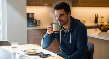 Jovem sorridente segurando uma xícara de café fumegante sobre uma mesa em uma cozinha iluminada. Um prato de torradas e um copo de água estão por perto.