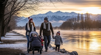 Una familia de cinco personas, con dos adultos y tres niños, camina por la orilla de un río con niebla y nieve. Se ven árboles sin hojas y montañas nevadas al fondo.
