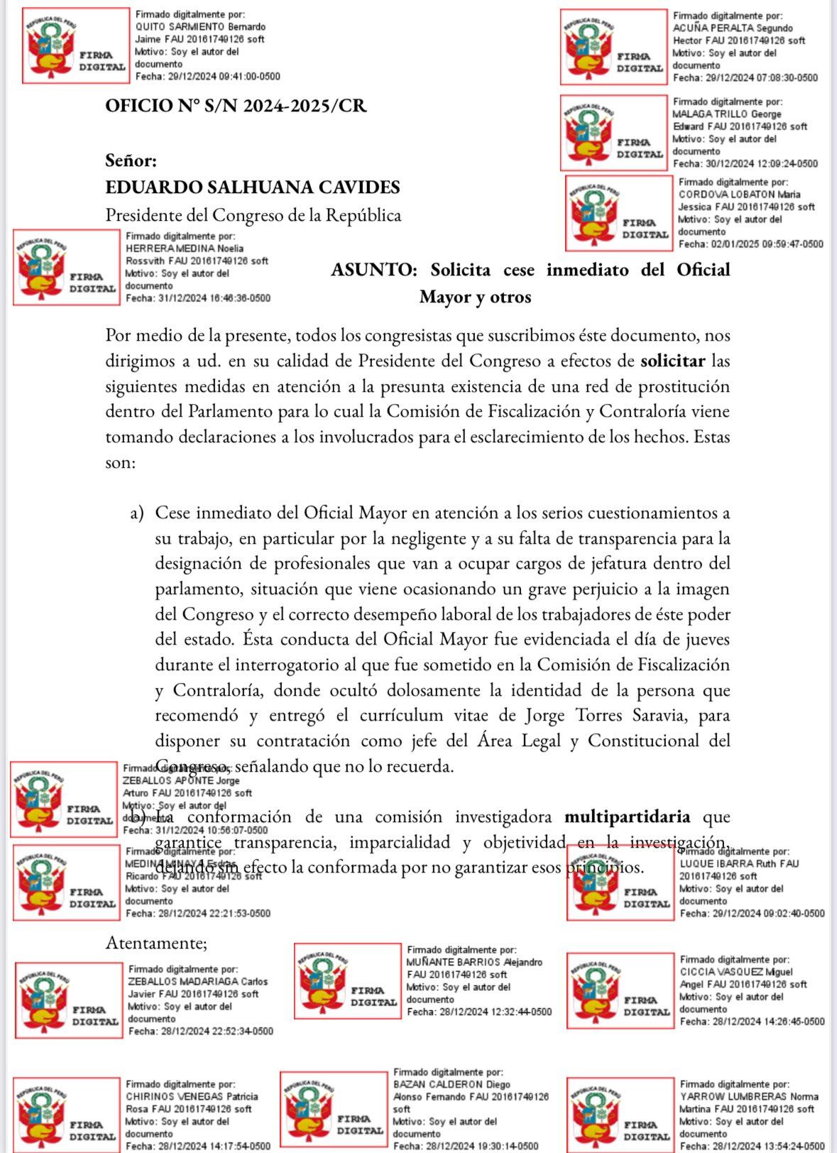 Oficio que pide el cese inmediato del Oficial Mayor del Congreso.