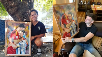 La odisea de una joven pintora para llegar hasta Dibu Martínez con su cuadro el “Abrazo eterno”