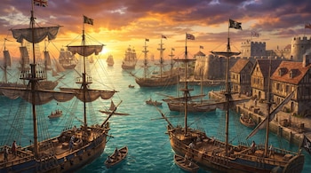 Numerosos veleros y botes anclados en un puerto con edificios coloniales y fortificaciones. Banderas piratas y británicas, cielo de atardecer.