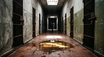 Pasillo de una prisión con celdas a los lados, un charco con un reflejo del mapa de Cuba y la silueta de una persona al fondo.