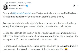 Natalia Gutiérrez. presidenta del Consejo Gremial y de Acolgen, pidió a los colombianos seguir la recomendaciones de las autoridades - crédito @NGutierrezJ/X