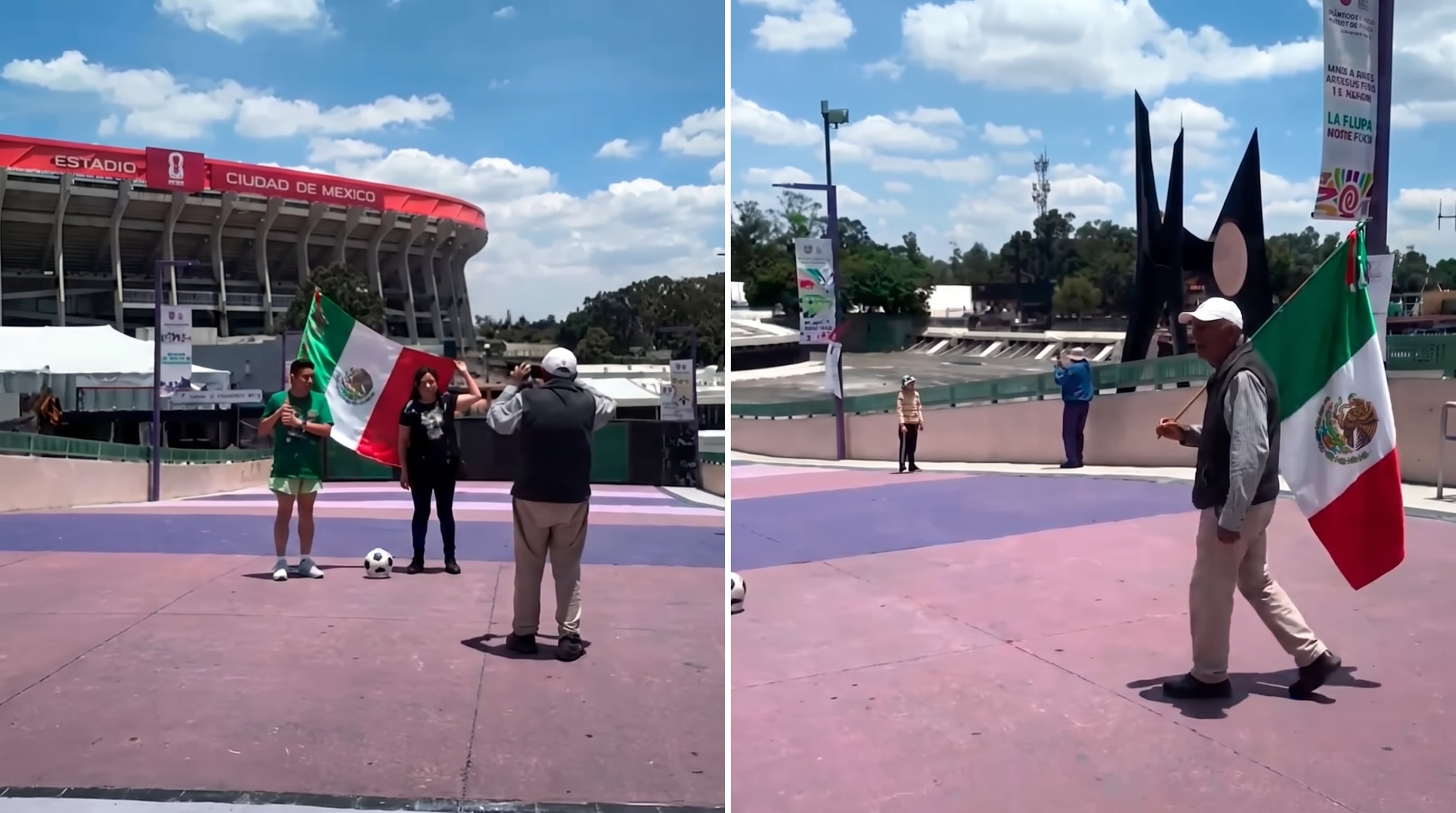 Abuelito se hace viral por ganarse la vida rentando bandera de México y tomando fotos frente al Azteca
