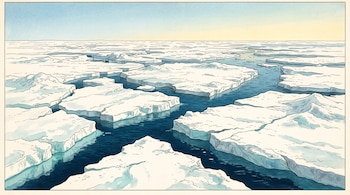 Ilustración en tonos azules y blancos de bloques de hielo flotando en el agua marina bajo un cielo despejado