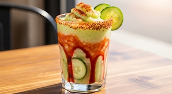 Vaso de frappé de pepino verde con chamoy rojo goteando, rodajas de pepino, borde escarchado con chile en polvo y toque de chile encima, sobre mesa de madera clara.