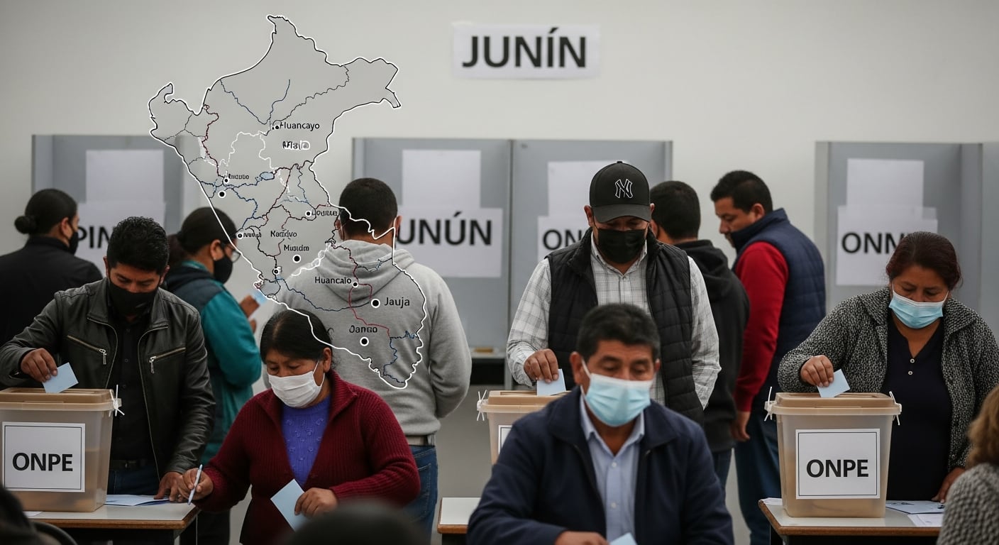 Ciudadanos de la región de Junín acuden a los centros de votación para participar en una jornada electoral preparatoria para las Elecciones Generales de 2026 en Perú, con el mapa de la región en el fondo. (Imagen Ilustrativa Infobae)