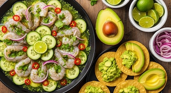 Vista aérea de un plato de aguachile de camarón con pepino, cebolla morada, chile y lima, junto a tostadas con aguacate y guacamole, limones y cebolla.