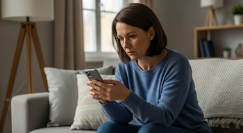 Una mujer de mediana edad con cabello oscuro está sentada en un sofá gris, mirando un celular con una expresión triste, con luz natural entrando por una ventana al fondo.