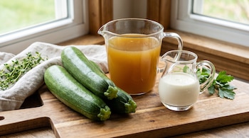 Tres zucchinis, una jarra de cristal con caldo de verduras, un recipiente con crema de leche y hierbas frescas sobre una tabla de madera.