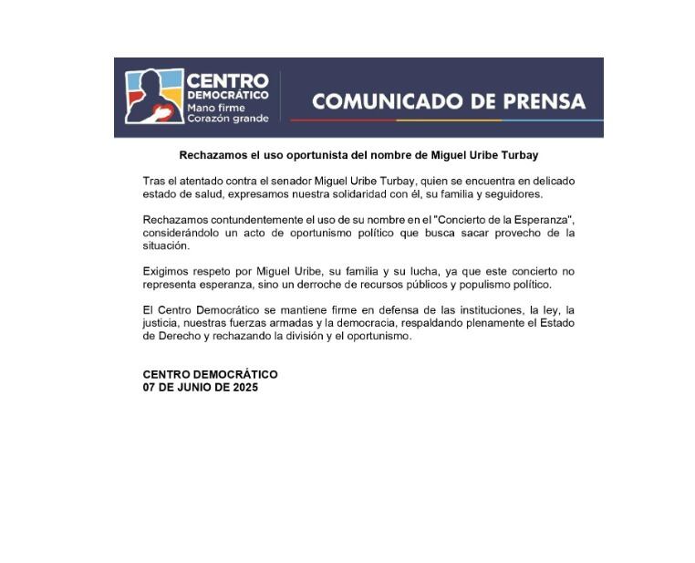 Con este comunicado de prensa, el Centro Democrático rechazó que el senador y precandidato presidencial Miguel Uribe sea usado para promover el