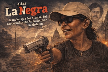 Ilustración de una mujer sonriente con gorra y gafas de sol apuntando una pistola. De fondo, una ciudad y un retrato difuminado de Pablo Escobar.