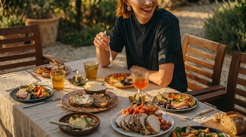 Mujer sonriente en mesa exterior con un festín variado de carne, ensaladas, pan, uvas y bebidas. Un candelabro encendido ilumina la escena.