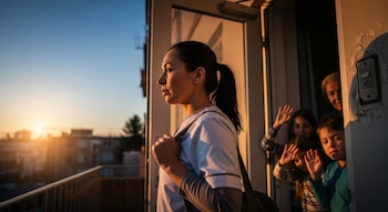 Mujer con uniforme blanco y cabello recogido mira al horizonte desde un balcón al amanecer, mientras dos niños y una anciana la despiden desde el interior.