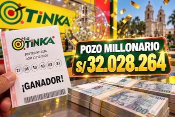 Un boleto marcado como ganador, fajos de billetes de soles, un cartel de pozo millonario y el logotipo de la lotería La Tinka
