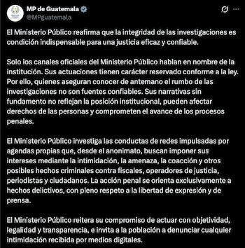 El Ministerio Público de Guatemala pidió a la ciudadanía denunciar las intimidaciones y amenazas recibidas por medios digitales.