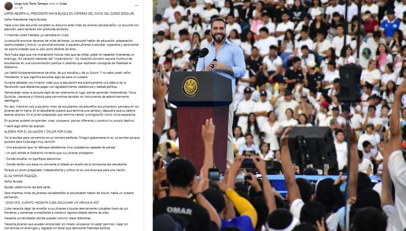 Cubano tomó como referencia el discurso que Nayib Bukele dio el 23 de agosto en San Salvador, donde anunció 50,000 becas para estudiantes de El Salvador. (Infobae Centroamérica/Emerson Del Cid)